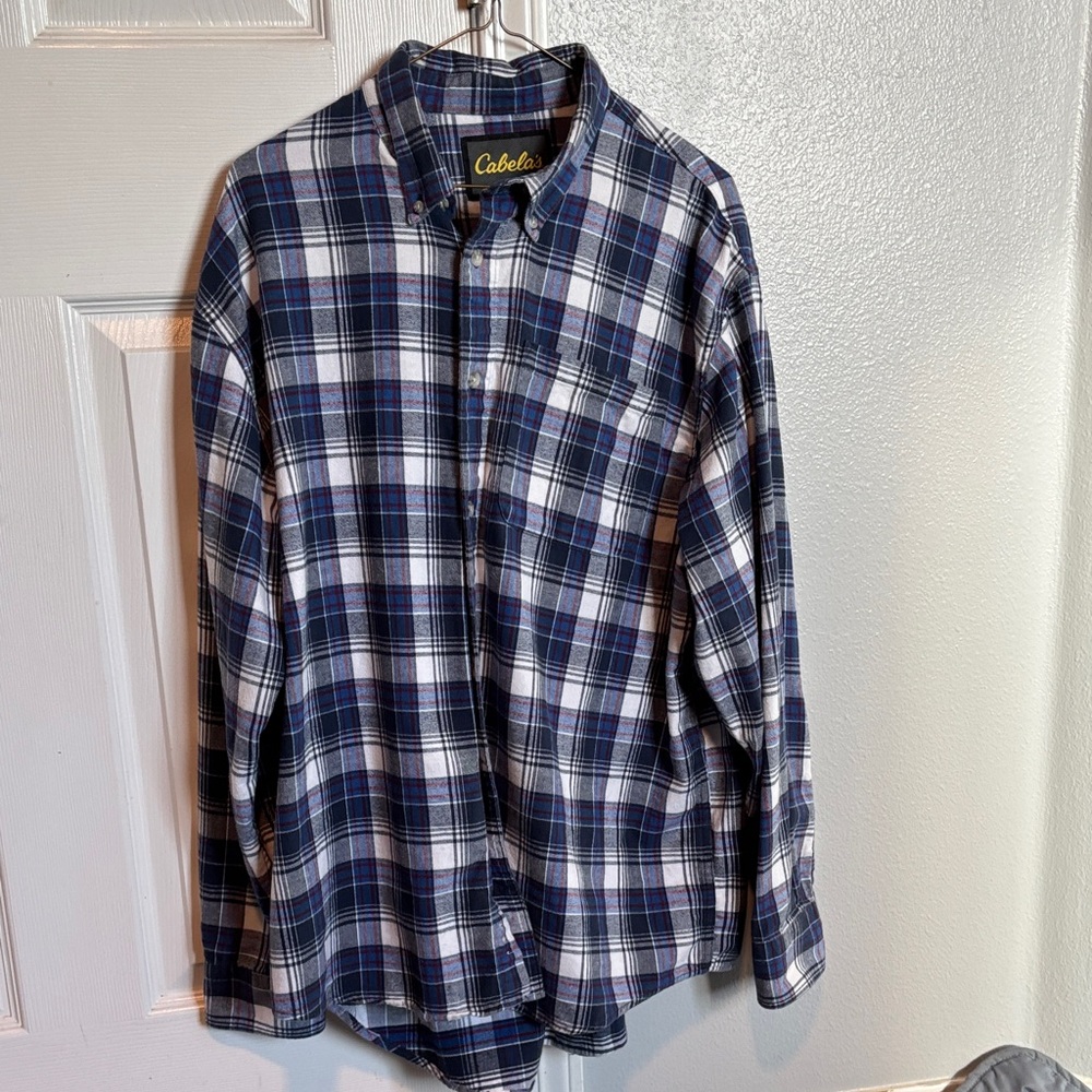 Cabelas Plaid Flannel Shirt Mens XL Navy White Gorpcore Outdoor Cabin Cabincore